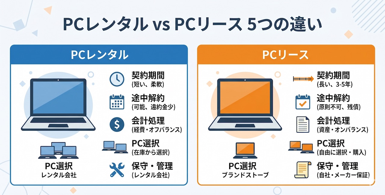 【徹底比較】PCレンタルとリースの決定的な違い5選!契約期間・途中解約・会計処理を解説<