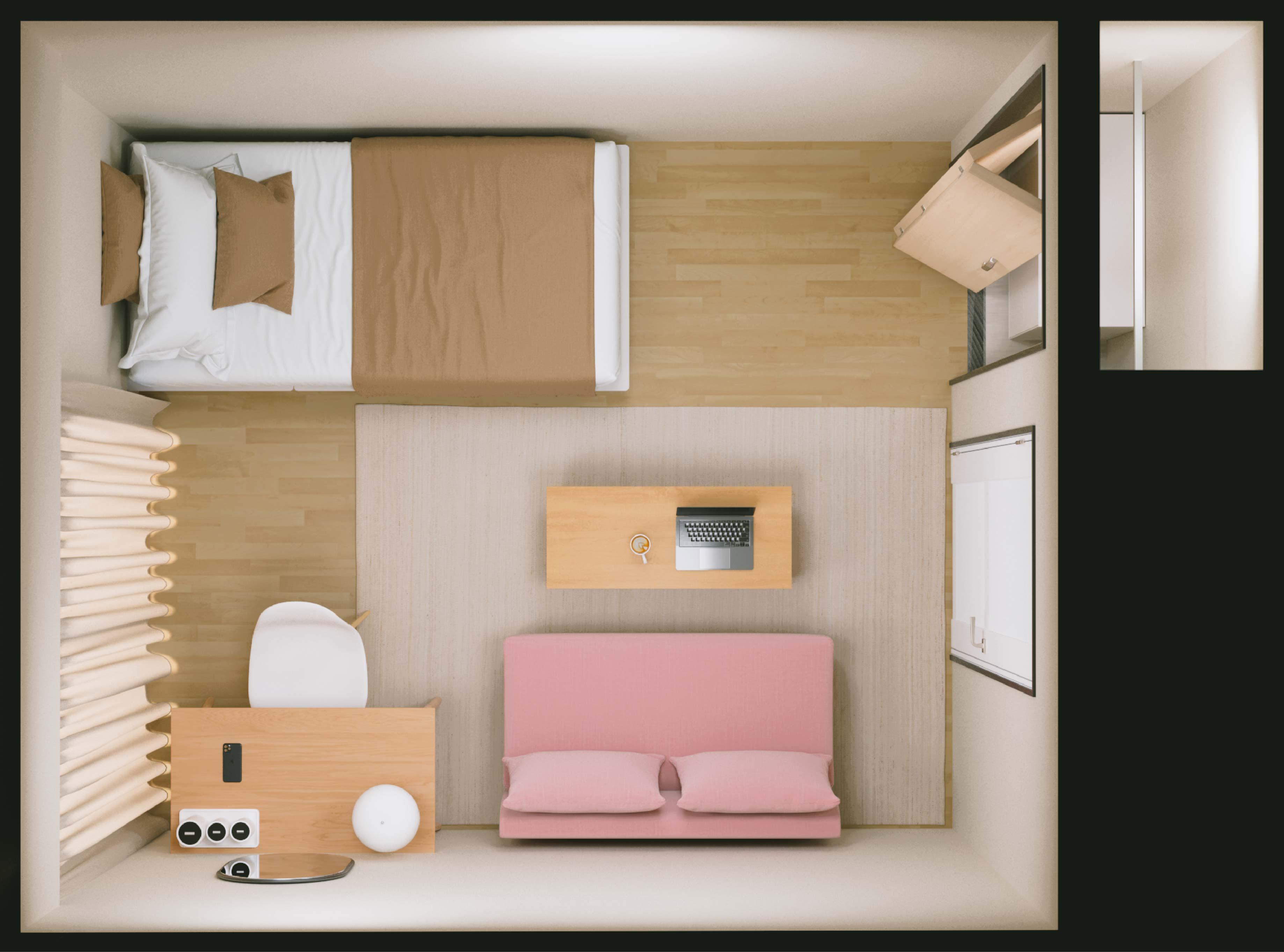 女子向け6畳1Kレイアウトの見取り図