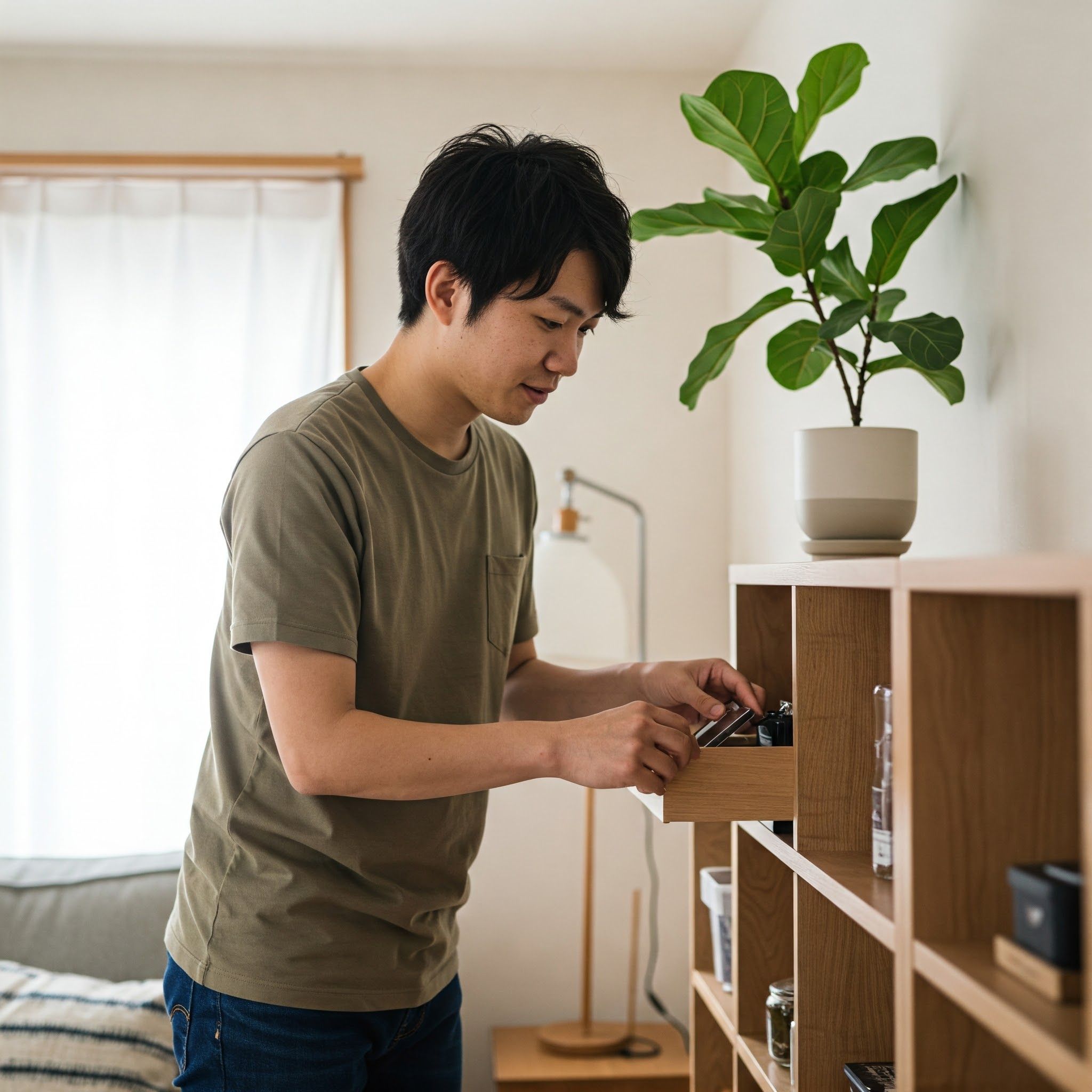 収納の全くない部屋で収納を上手にレイアウトした男性