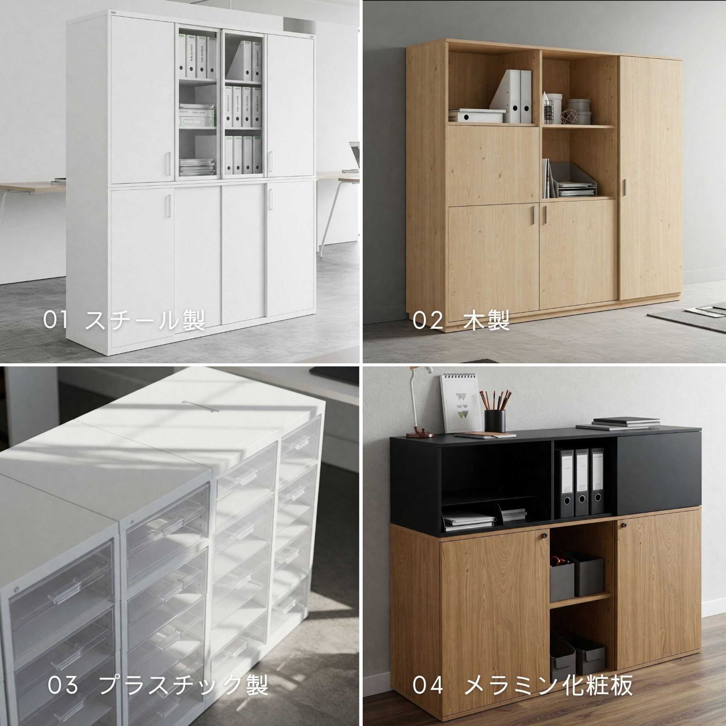 オフィスキャビネットの主な種類　スチール製/木製／プラスチック製/メラミン化粧板の実例