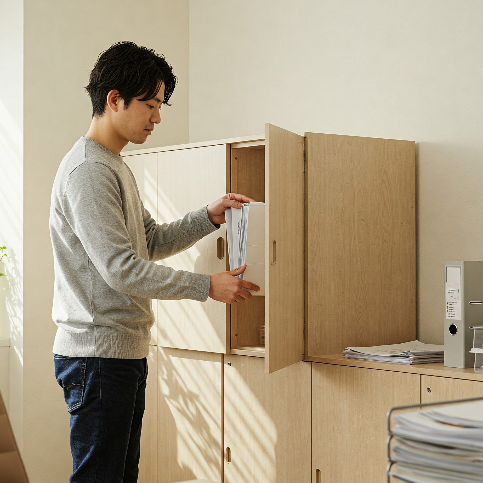 キャビネットのオフィスでオフィス棚に収納する人