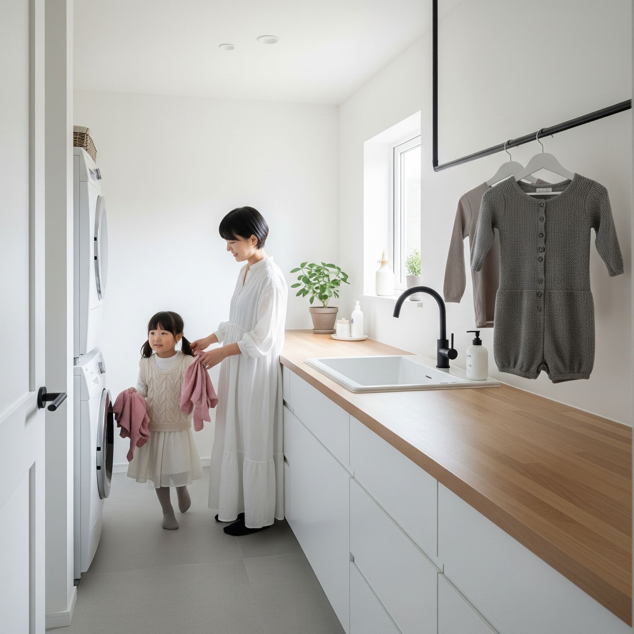 ランドリールームの実例。白を基調とした明るい空間に木製カウンターが設置され、親子が一緒に洗濯をしている。壁にはハンガーパイプに子供服が掛けられている。