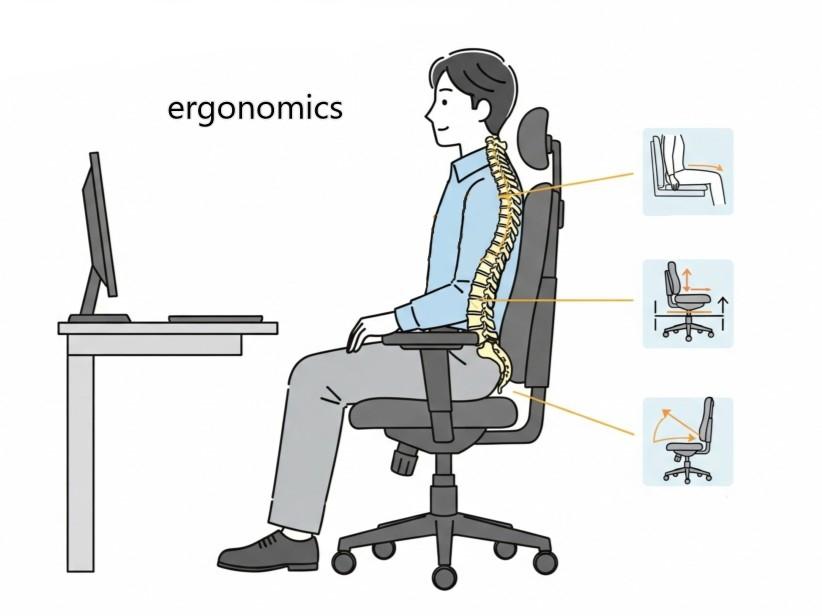長時間座っても疲れない人間工学に基づき作られた椅子の図解