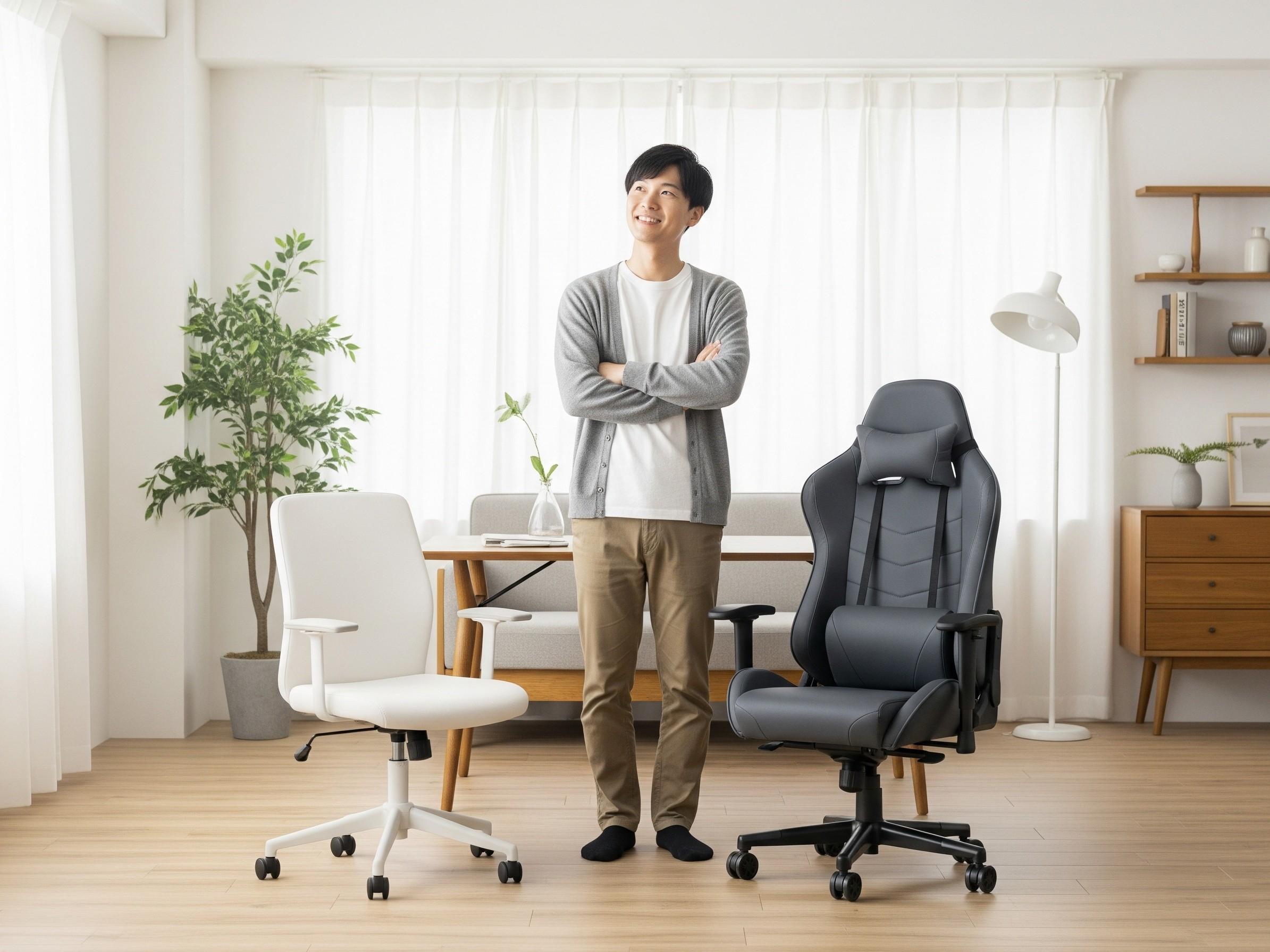 オフィスチェアとゲーミングチェアの違いを悩む男性