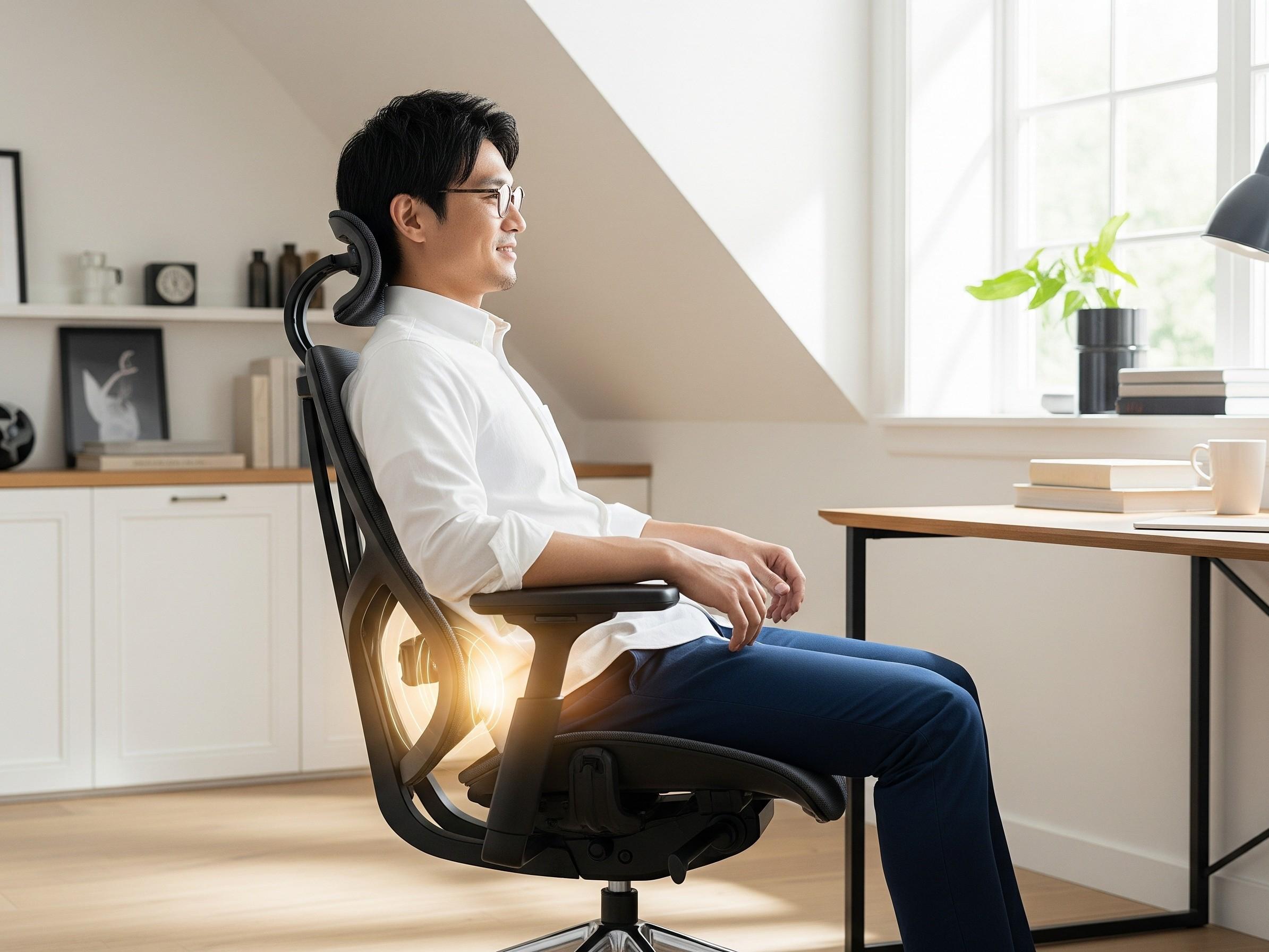腰痛対策になる人間工学に基づいた椅子に座る男性
