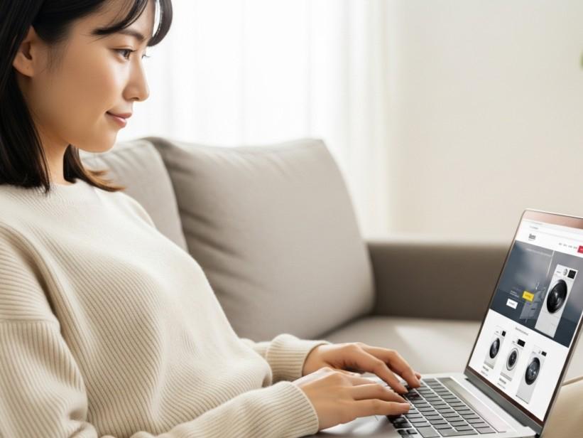 洗濯機が安いのはどこか探している女性