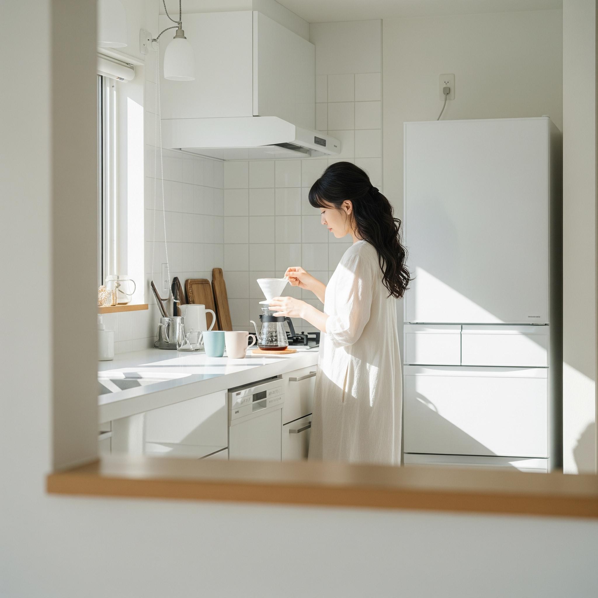 明るいキッチンでコーヒーを入れる女性
