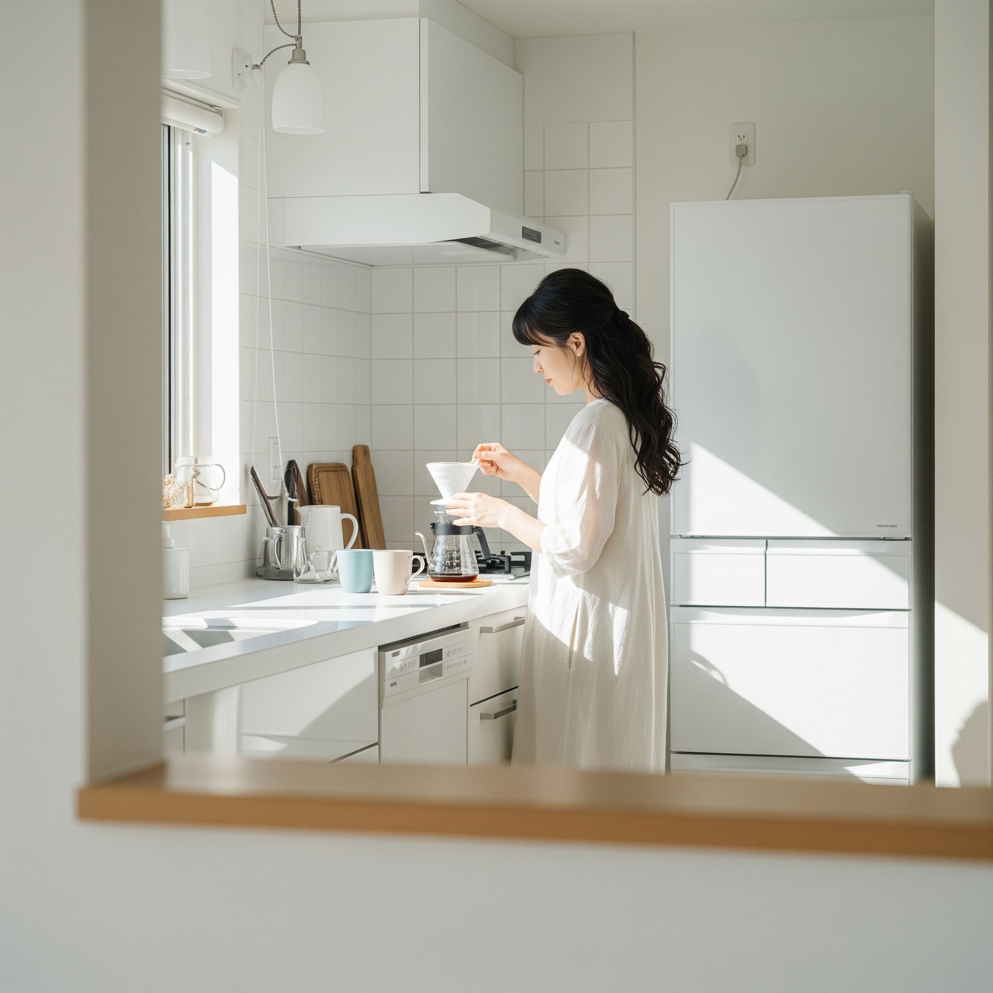 明るいキッチンでコーヒーを入れる女性