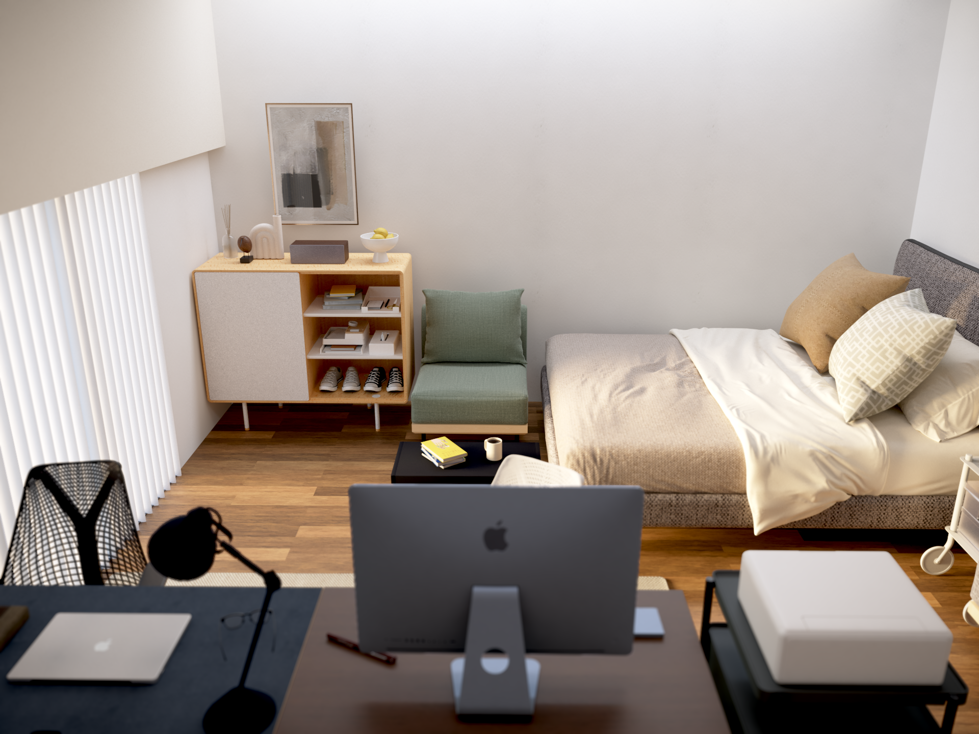 6畳にダブルサイズのベッドをレイアウトした部屋