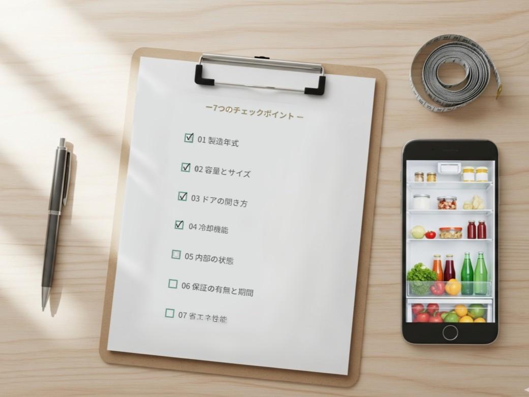 失敗しないための7つのチェックポイントが書かれたフォルダと中古の冷蔵庫のサイト