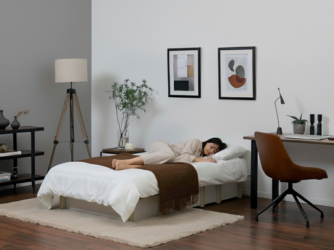 家電のレンタル・サブスククラスで購入前にマットレスの寝心地をじっくり試す女性