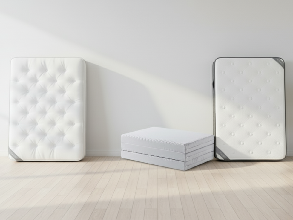 寿命が分からないコイルマットレス、ノンコイルマットレス、三つ折りマットレスの並ぶ部屋