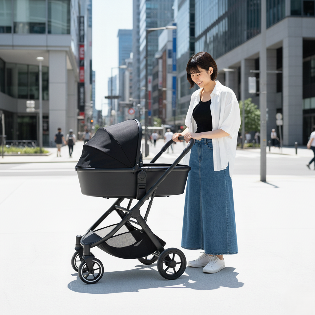 ベビーカー A型を外出先で使用する女性