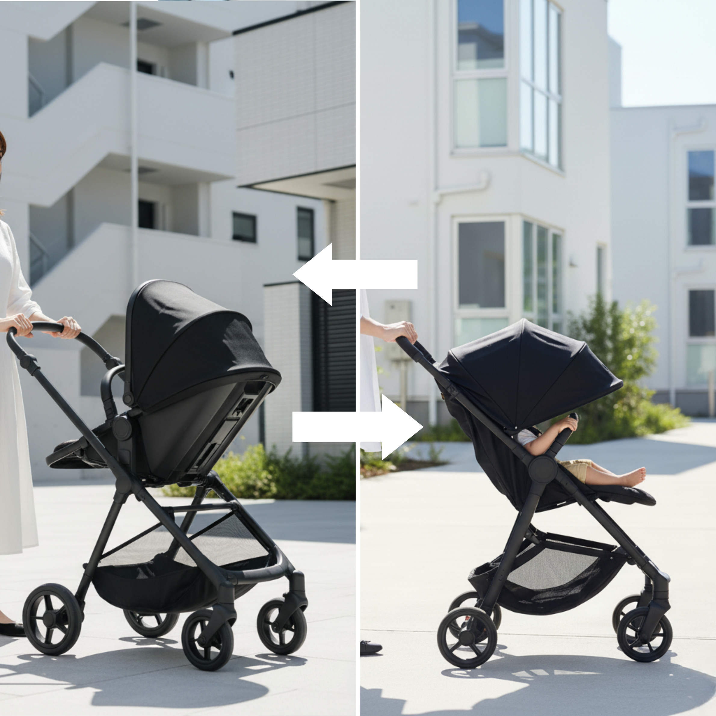 赤ちゃんの成長に合わせて対面式から前向きに切り替えられるベビーカーAB型