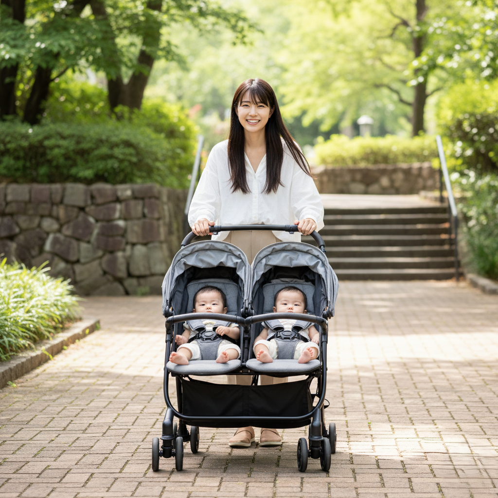 二人乗りベビーカーを押す女性