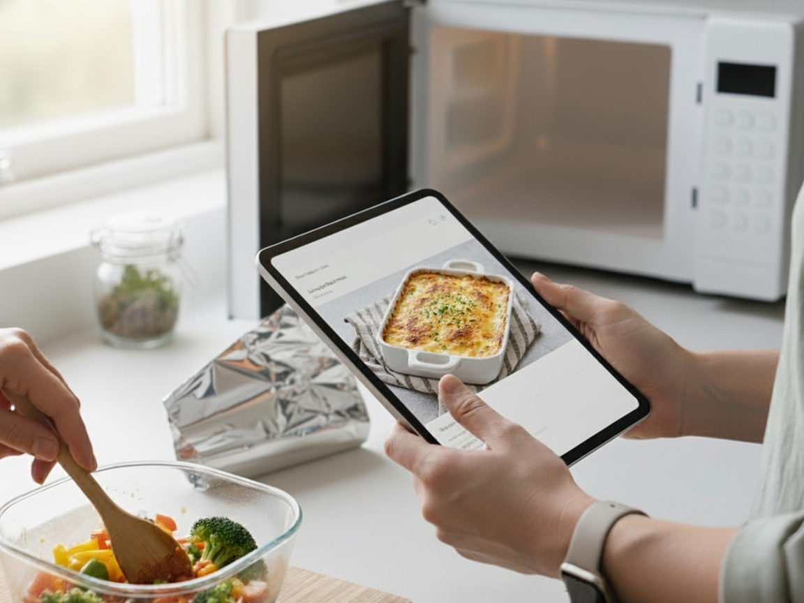 簡単おいしいおすすめの電子レンジレシピを見ながら料理する人