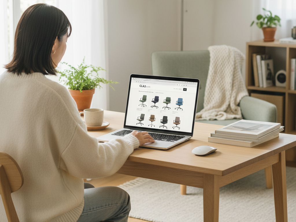 安いオフィスチェアを手に入れようと調べる女性