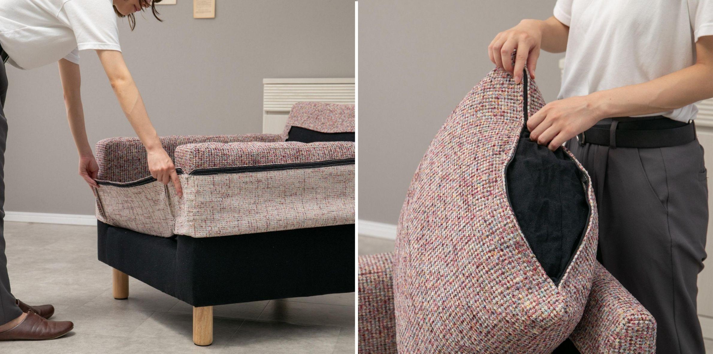 こたつに合うソファ　CLAS スート ソファ　カバーの取り外しをする女性