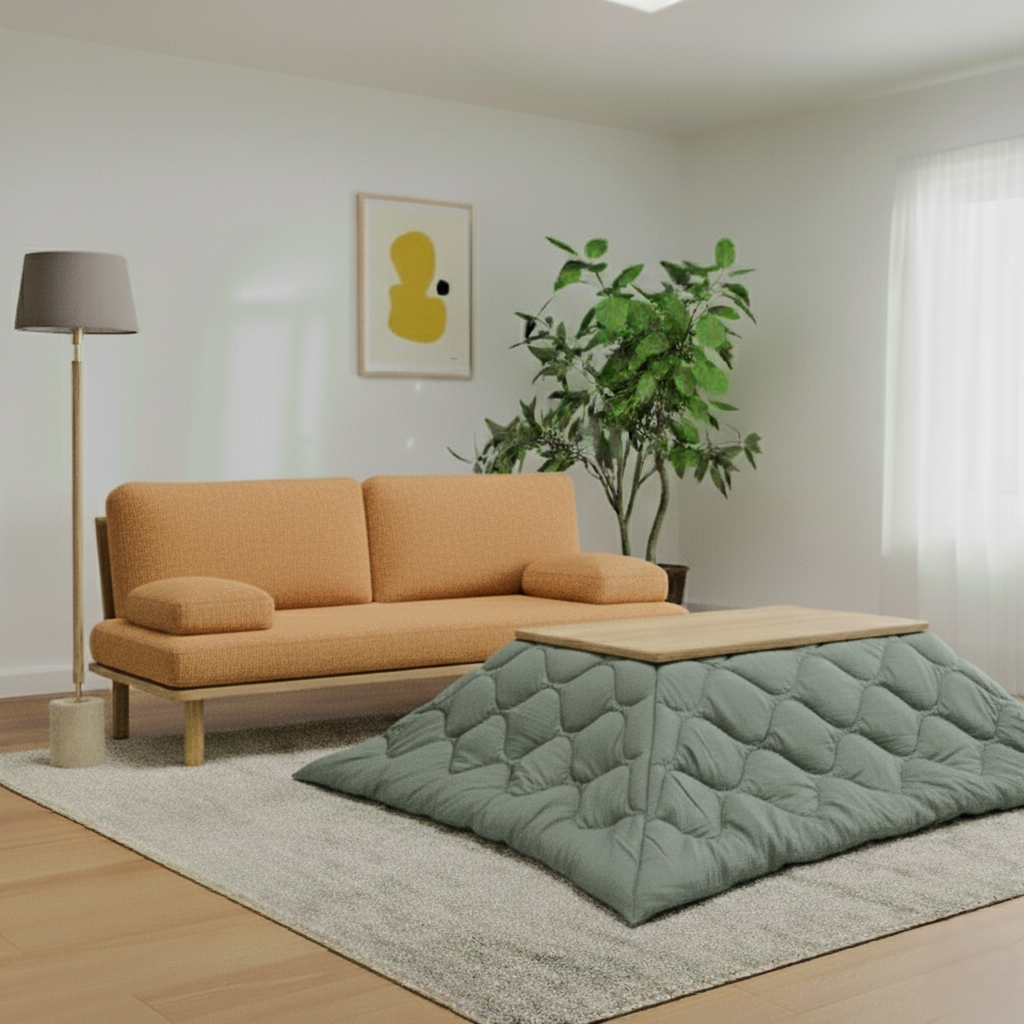 ソファとこたつのあるインテリアコーディネート