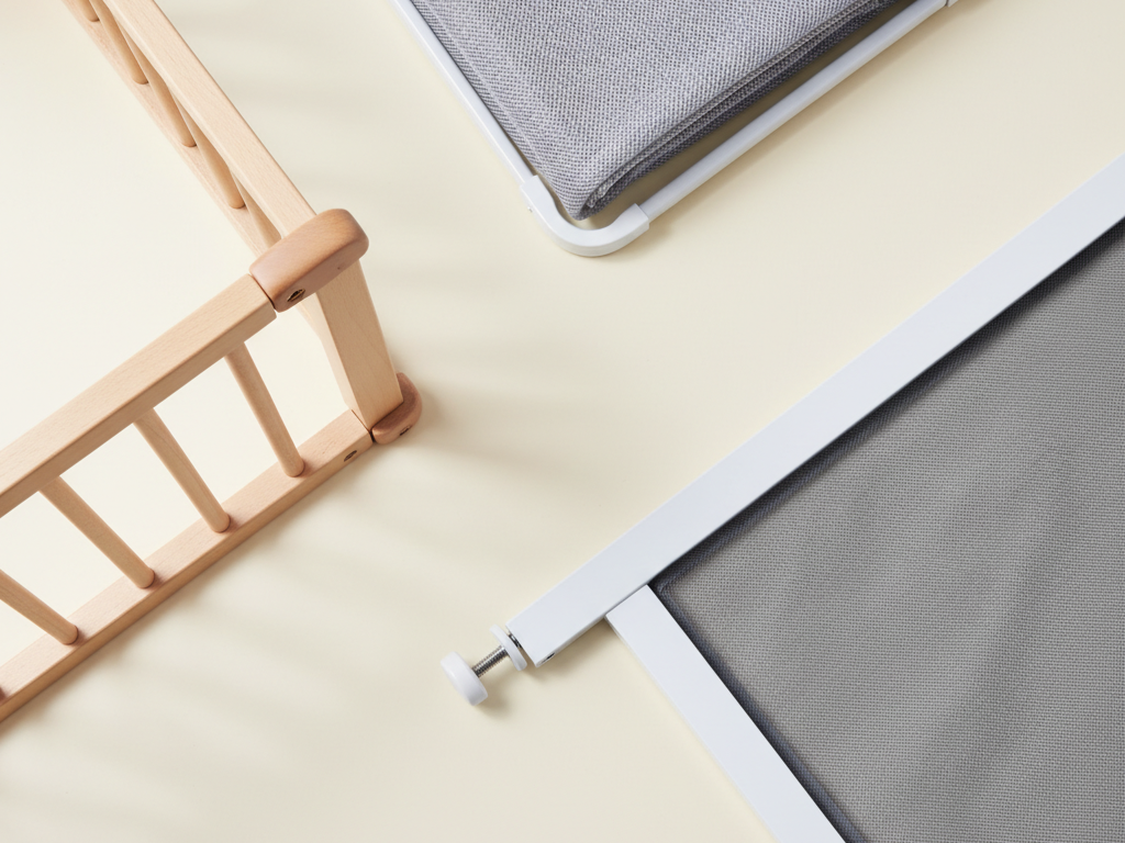 木製のベビーサークルと布製のベビーゲート