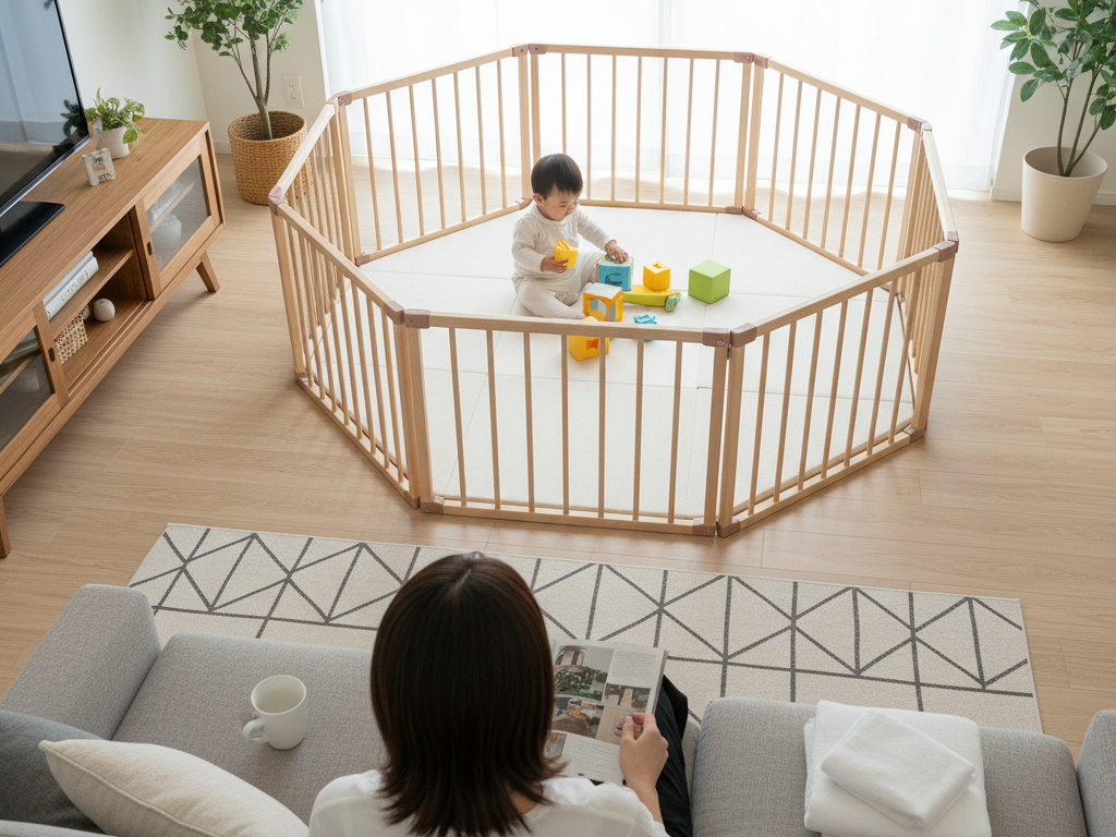 ベビーサークルを使う3つのメリットを感じている母とベビーサークルの赤ちゃん