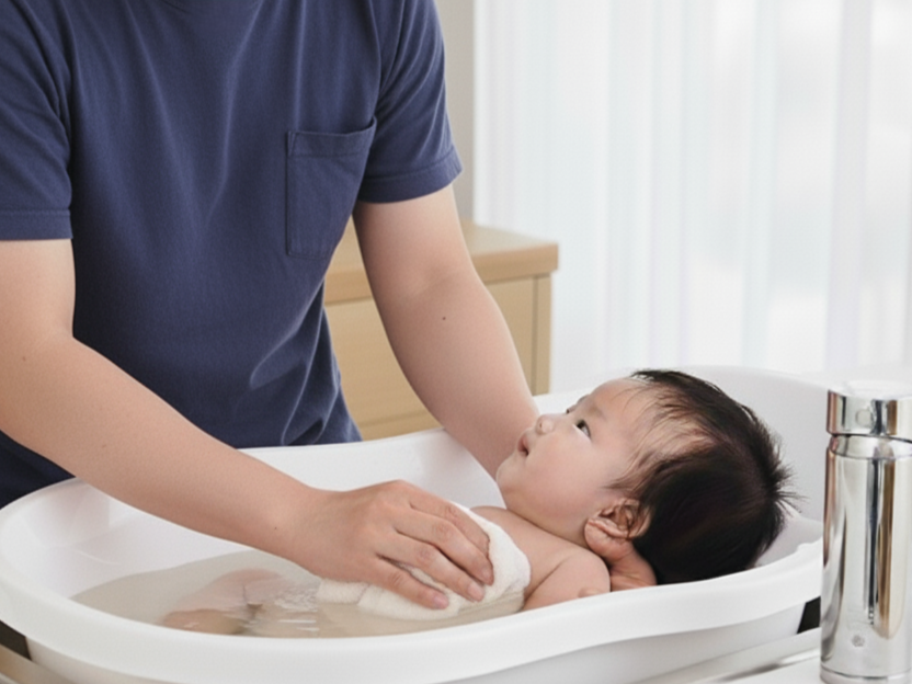 ワンオペで腰痛に無理なく沐浴をするパパ