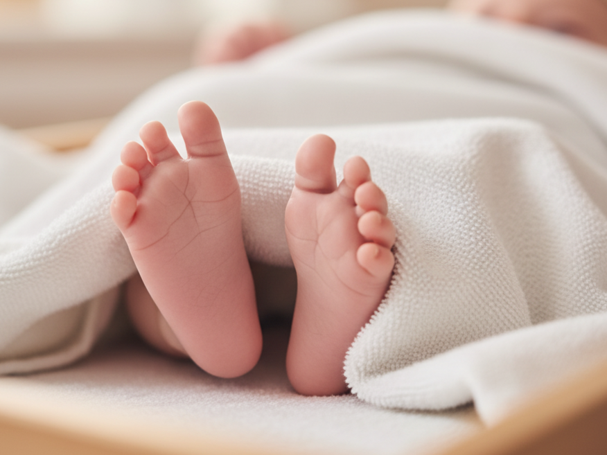 ベビーバスで入浴した可愛いあかちゃんの足の裏