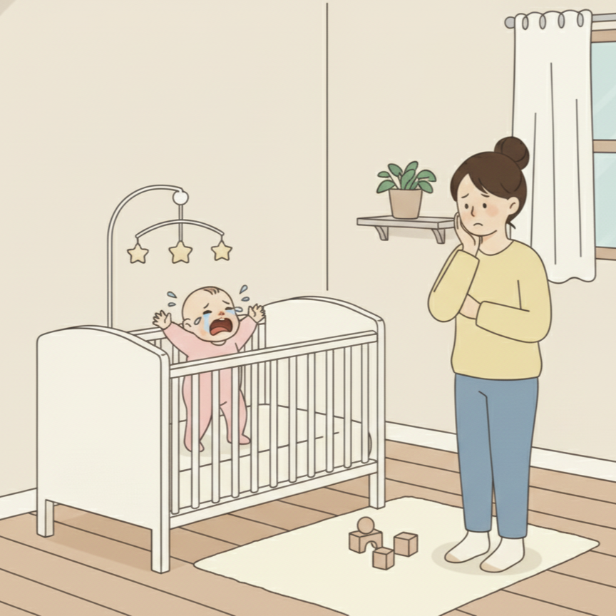ベビーベッドを嫌がる赤ちゃんと困るお母さん