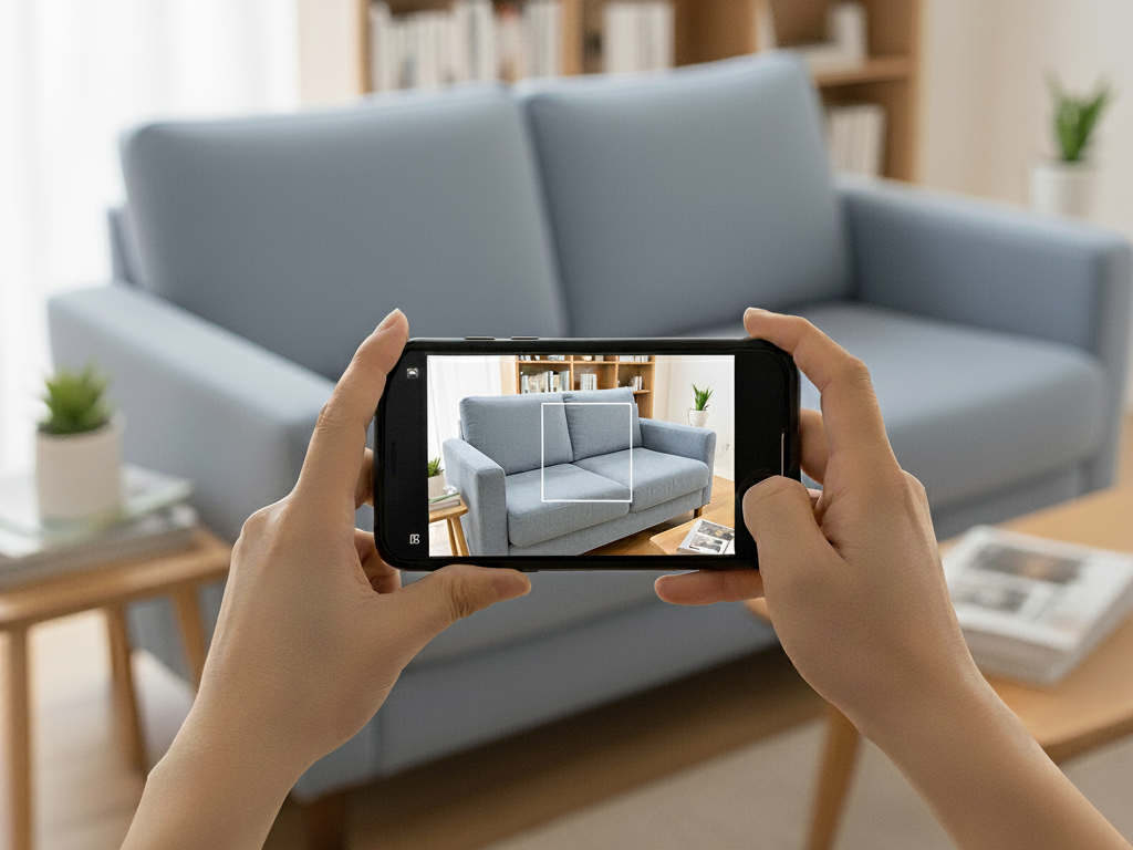 ソファーの処分方法2　売るか譲るために、ソファを撮影している人