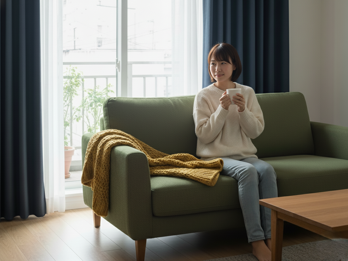 正しいお手入れと便利なサービスで　快適なソファライフを過ごす女性