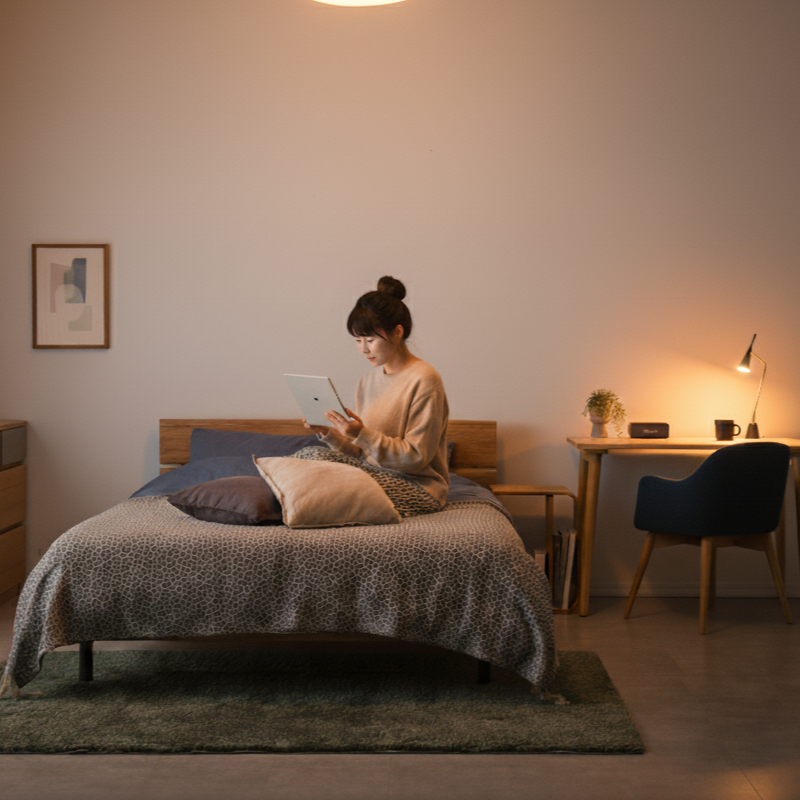 ベビーモニターをベッドルームで確認する女性