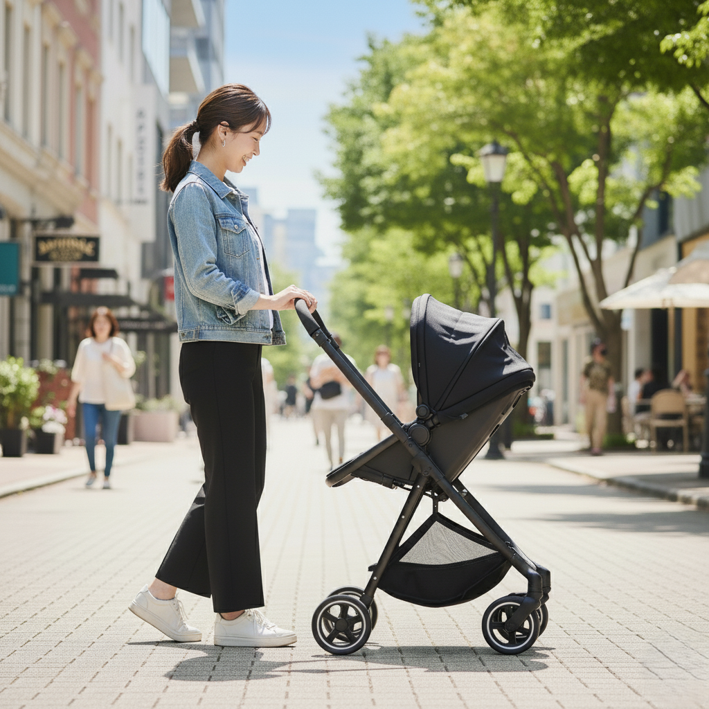 A型ベビーカーを押す女性