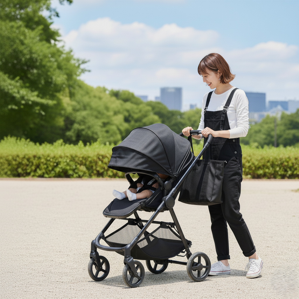 最適なベビーカーで散歩する女性と赤ちゃん