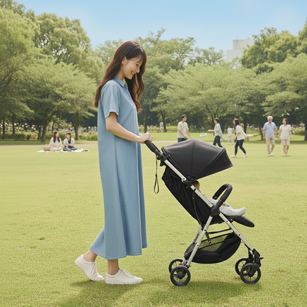 B型ベビーカーを押す女性