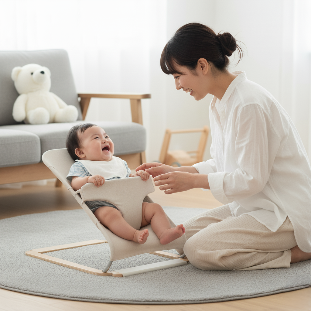 バウンサーで楽しそうにする赤ちゃんと笑顔のお母さん