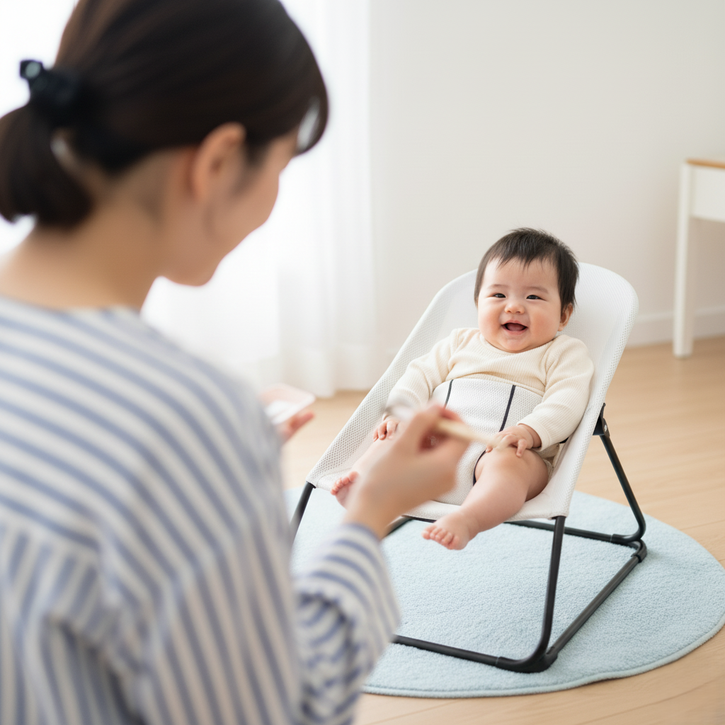 ベビーバウンサーで笑う赤ちゃん