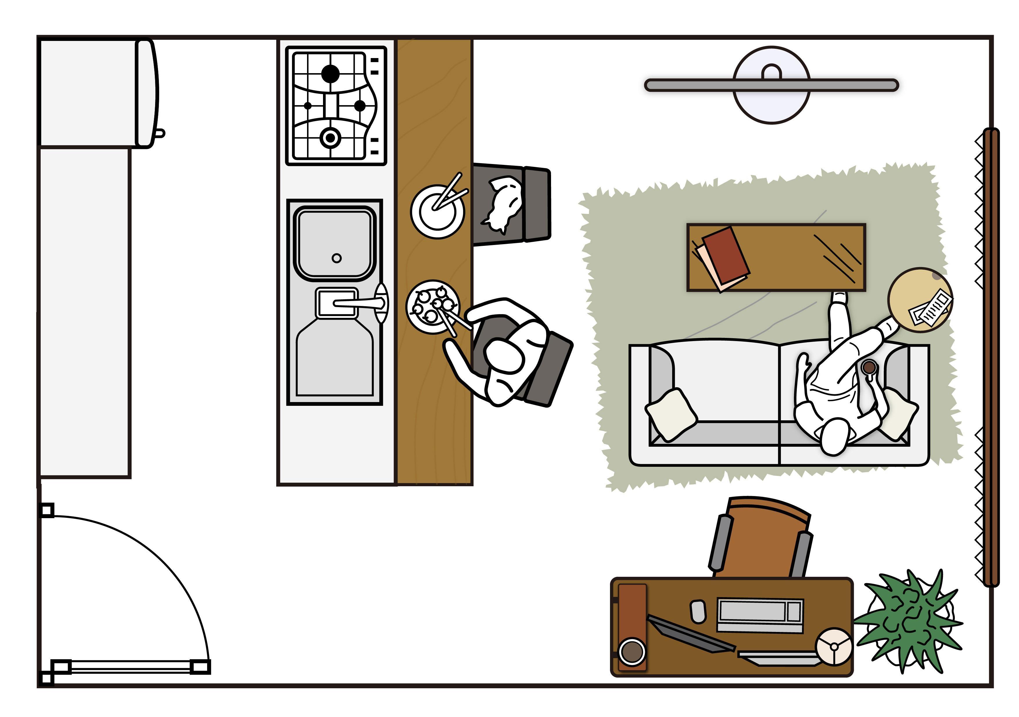 広めのリビングで在宅ワークするレイアウト