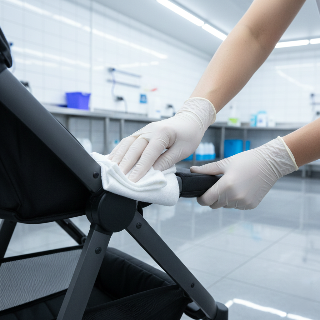 専門スタッフによる　丁寧なクリーニングで安心のベビー用品のレンタル・サブスククラスのクリーニングの様子