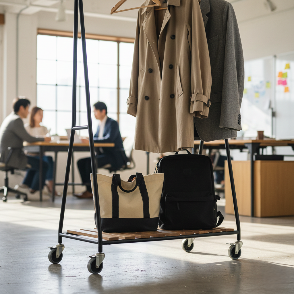 オフィスにおすすめのコートハンガー　【スモールオフィスにおすすめ】　キャスター付きで移動しやすいコートハンガー