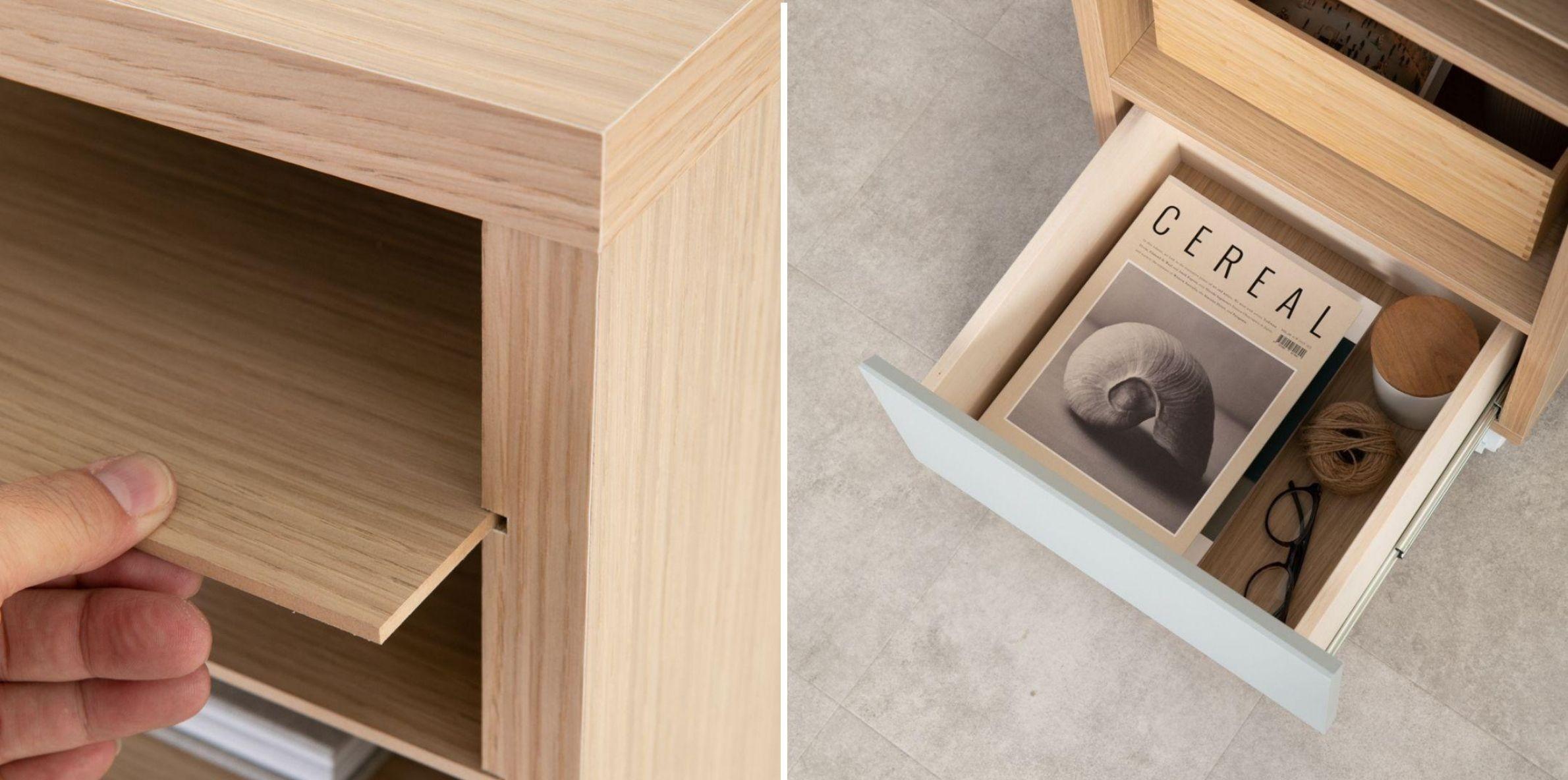 デスク脇で書類を整理　ペティー45 スリムラックの引き出せる棚の様子と引き出し