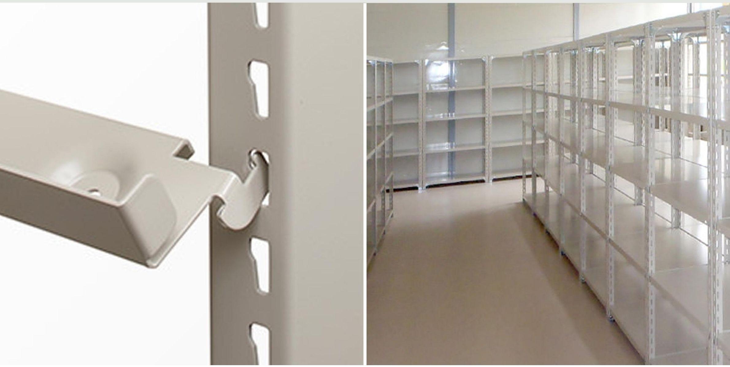 重たい書類も置けるPRO RACK 軽量ラック の棚の接続部分の拡大図と倉庫のように並べた部屋