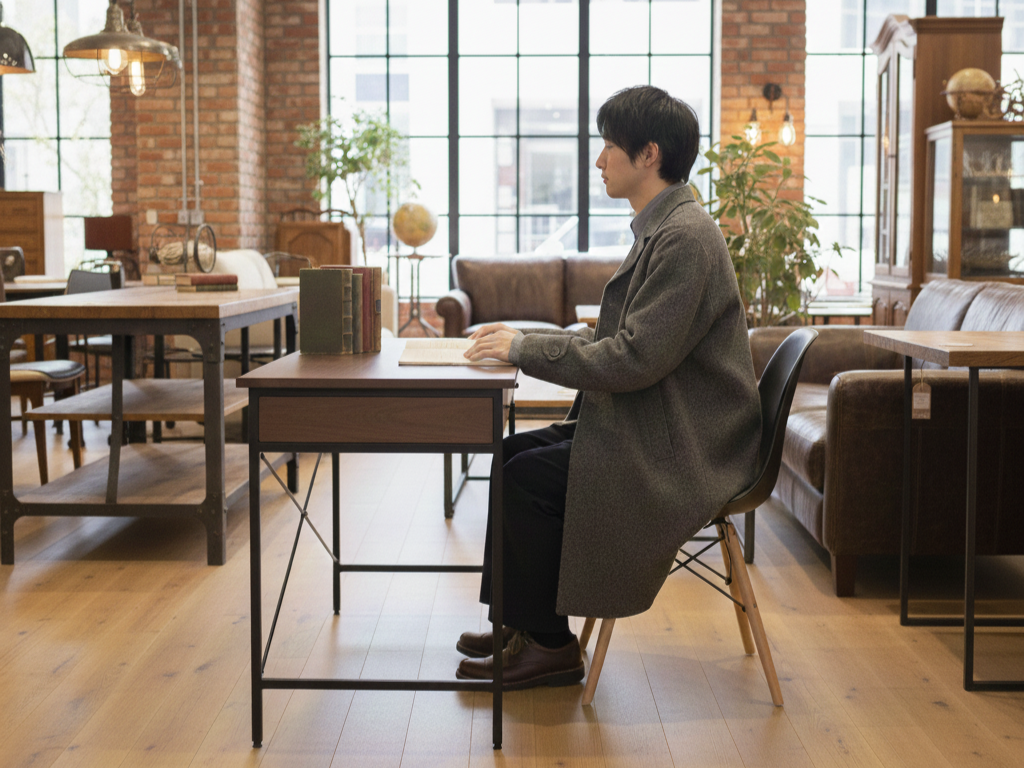 東京の家具屋でチェアとデスクの高さを確かめる男性