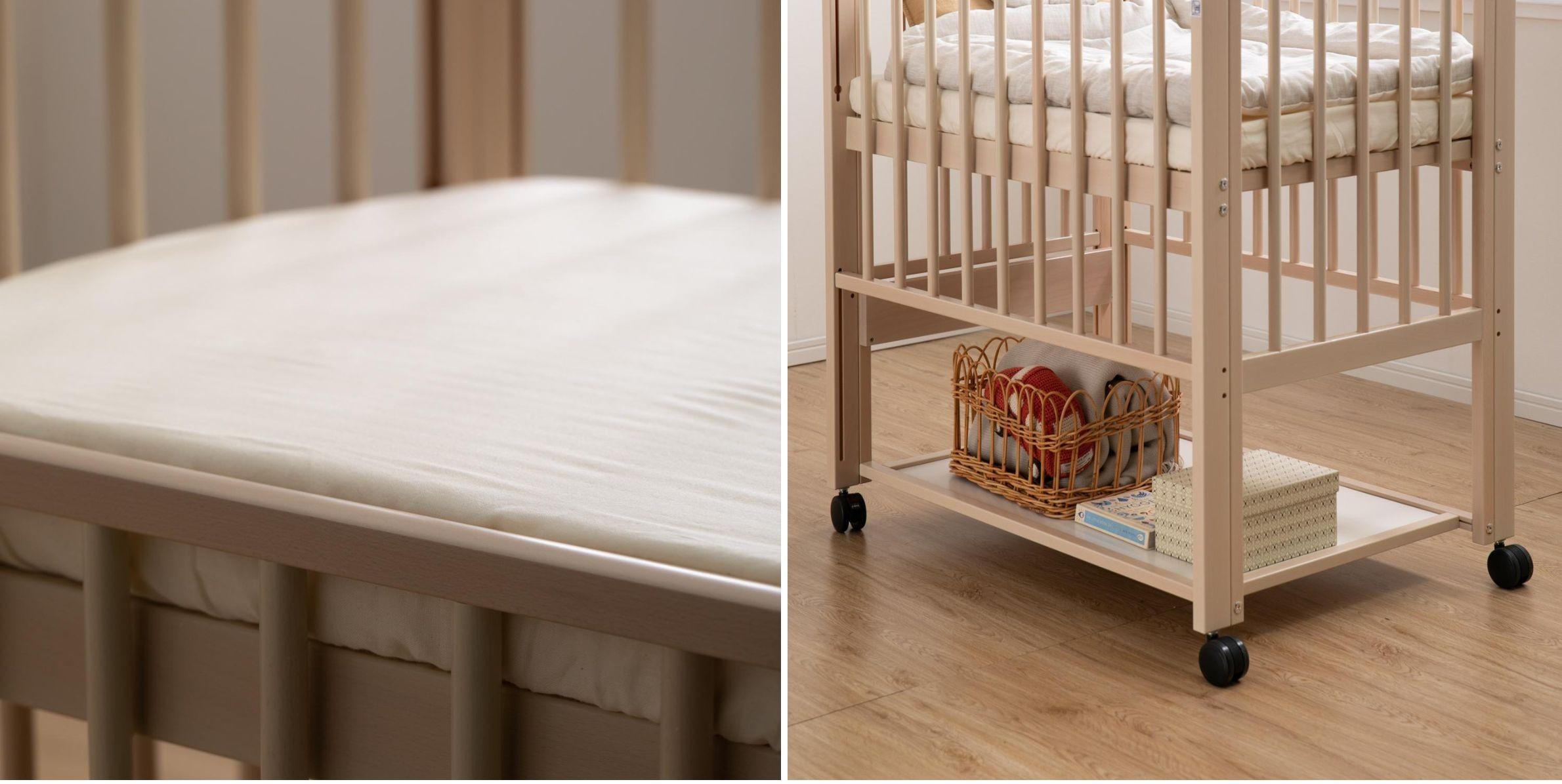 式布団の高さまで柵が下がり、オムツやおしり拭きをベッドの下に置いておけて便利。