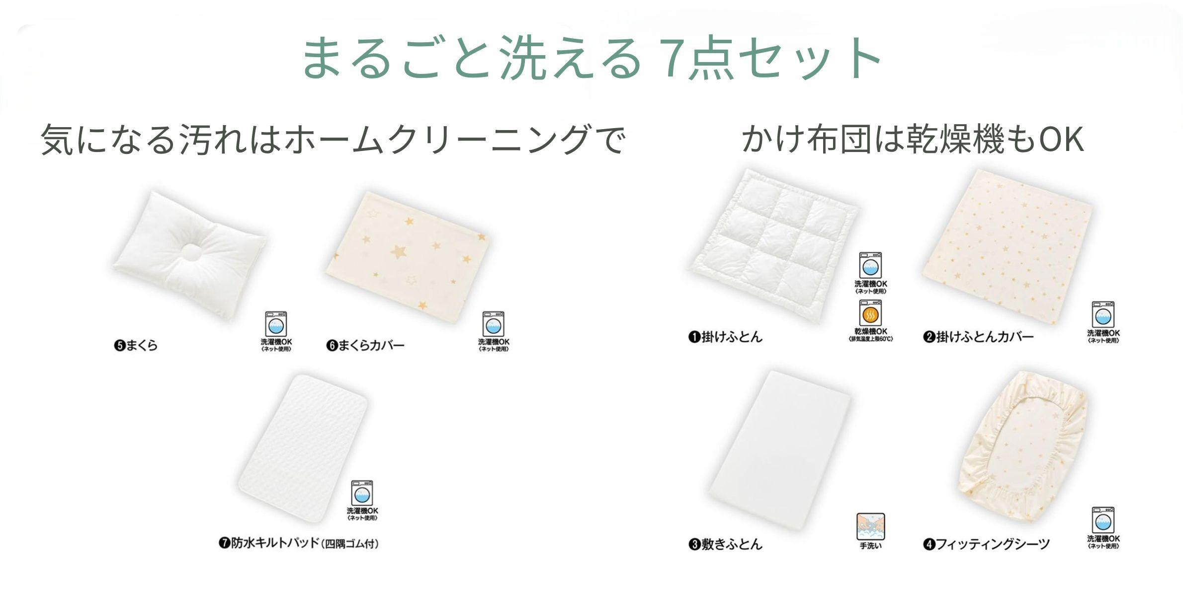 Combi すくすや トモネル ベビーベッド用布団 7点セットの洗い方一覧図