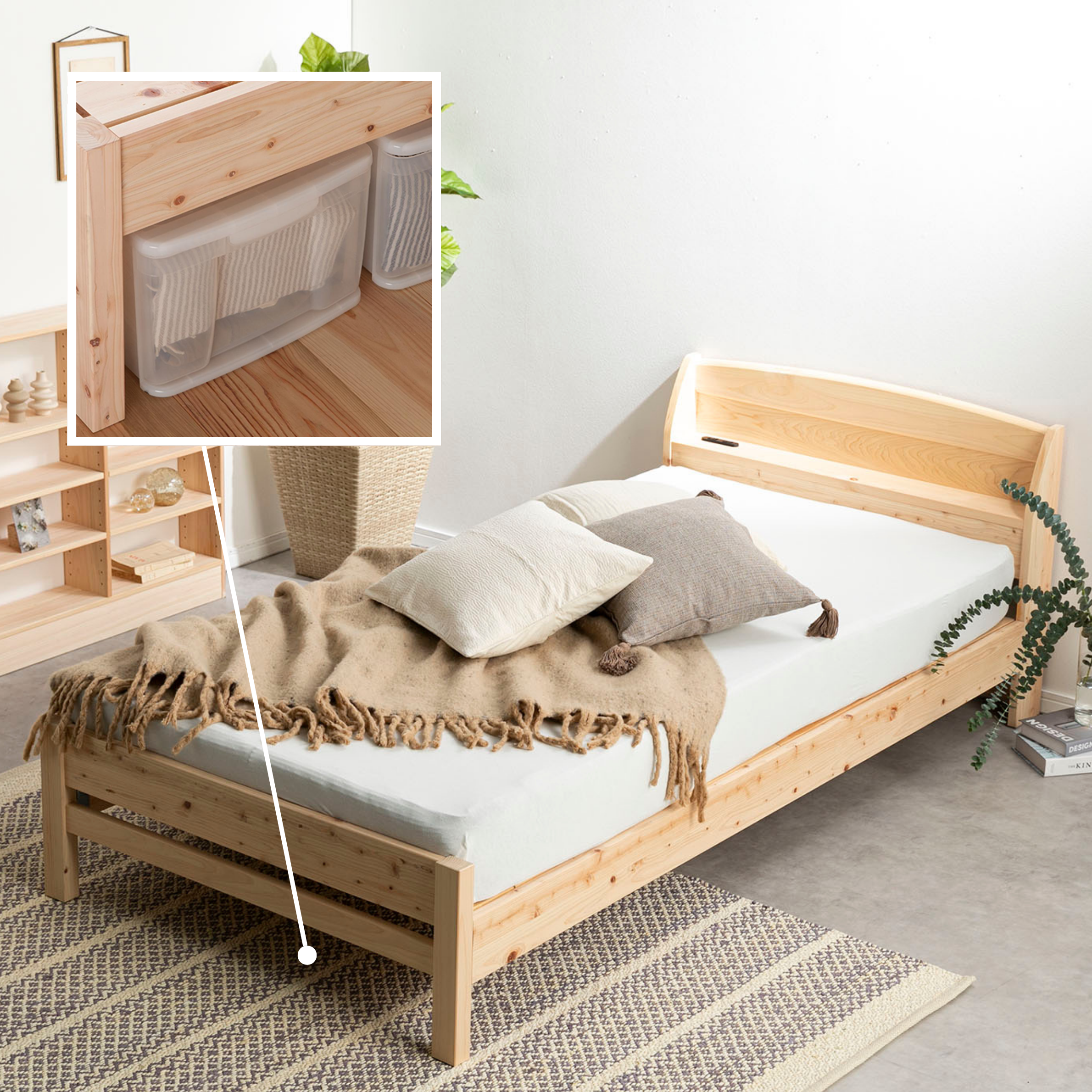 ヘッドボード付き HINOKI ベッドフレーム （ひのきで調湿効果、高めの脚）