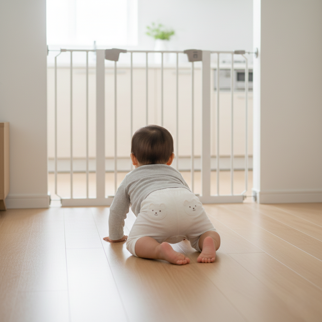 ベビーゲート 突っ張り式で中に入れないハイハイが始まった赤ちゃん