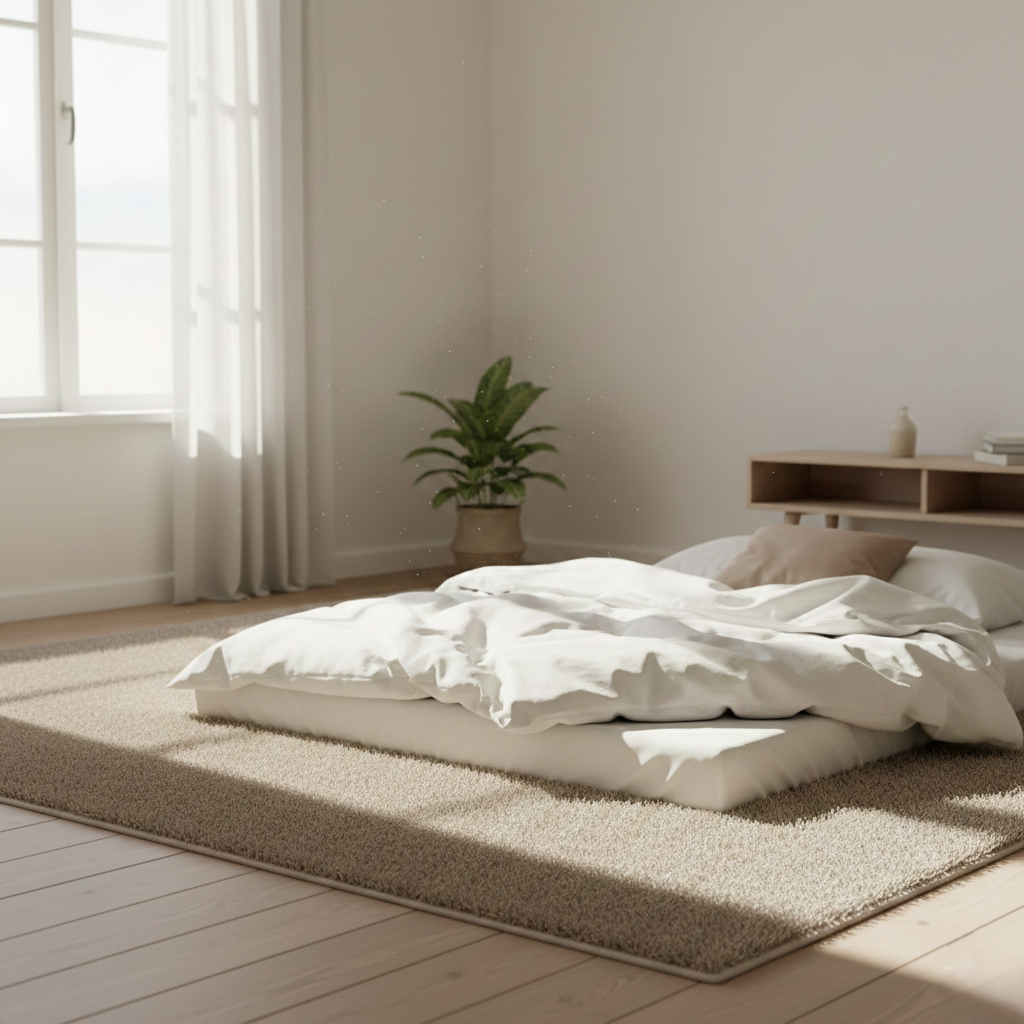 ホコリの舞い上がりを抑える　ラグのダストポケット効果を実践した寝室