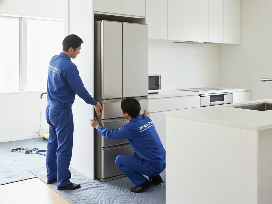 幅や高さなど冷蔵庫の「本体サイズ」は合っているかを確認しながら設置している配達業者の人二人