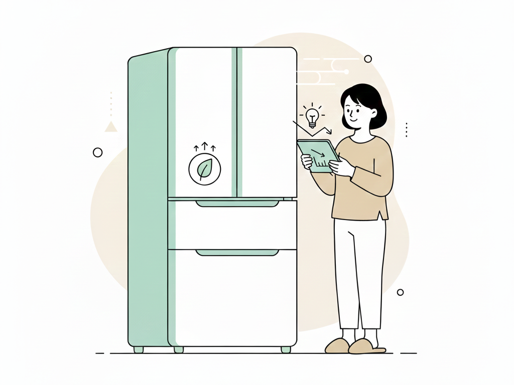 省エネ冷蔵庫で消費電力が下がり電気代が安くなって喜んでいる女性のイメージイラスト