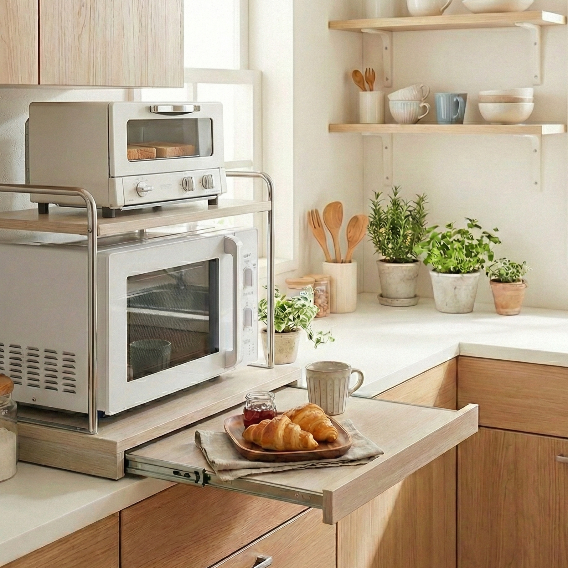 デッドスペースを活かす「レンジ下収納」スライドテーブル